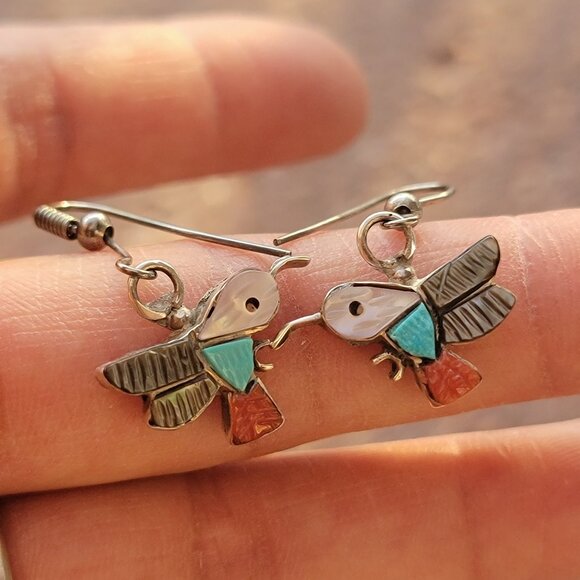 Native American Zuni handmade handcarved gemstone inlay 925 sterling hummingbird - Picture 2 of 13